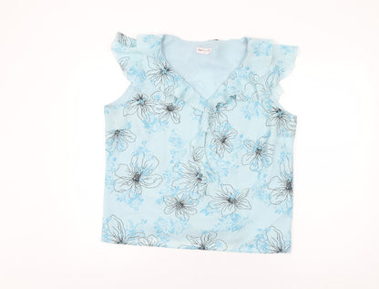 Bonmarché Womens Blue Floral Polyester Basic Blouse Size 18 V-Neck