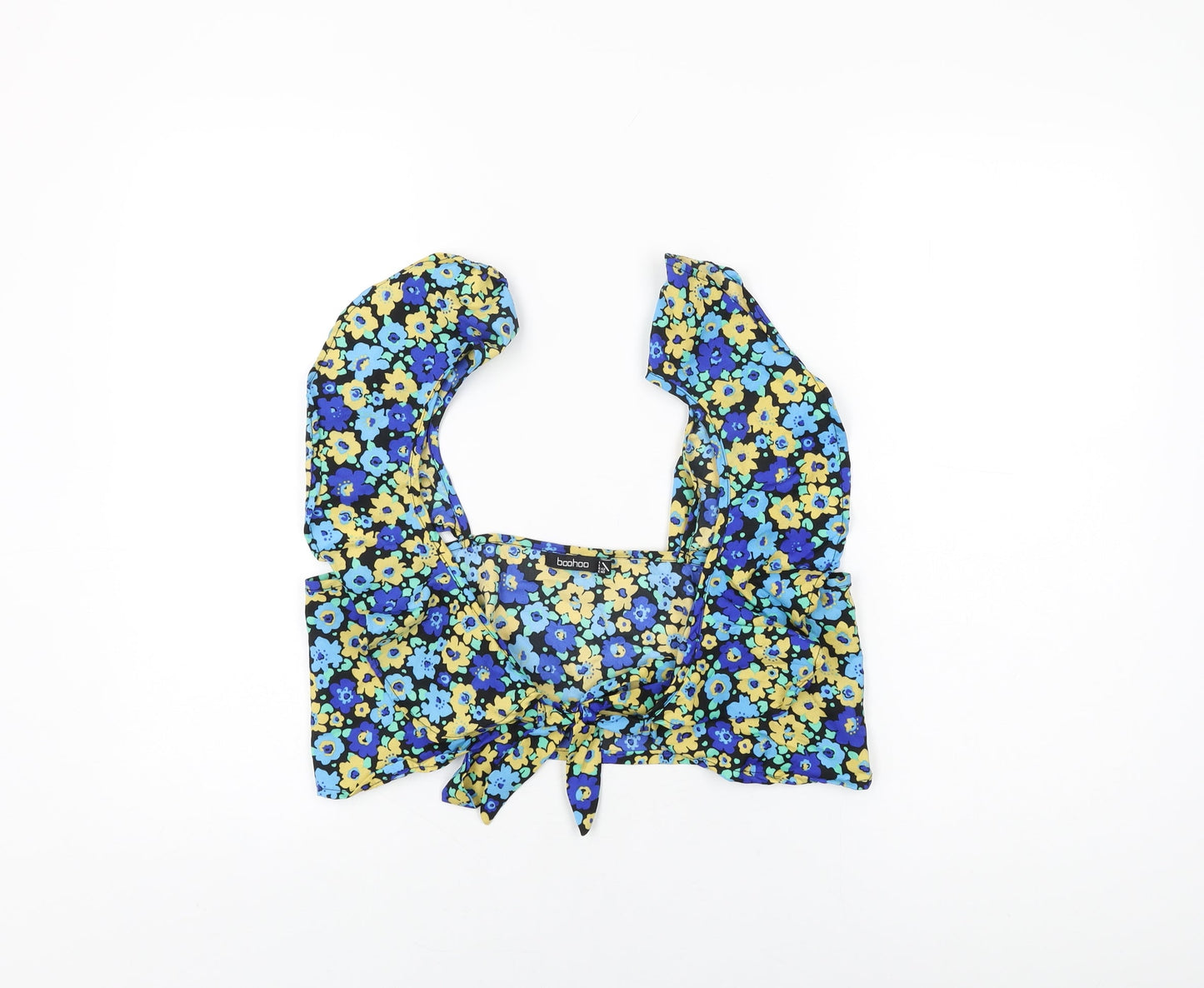 Boohoo Womens Black Floral Polyester Cropped T-Shirt Size 14 V-Neck