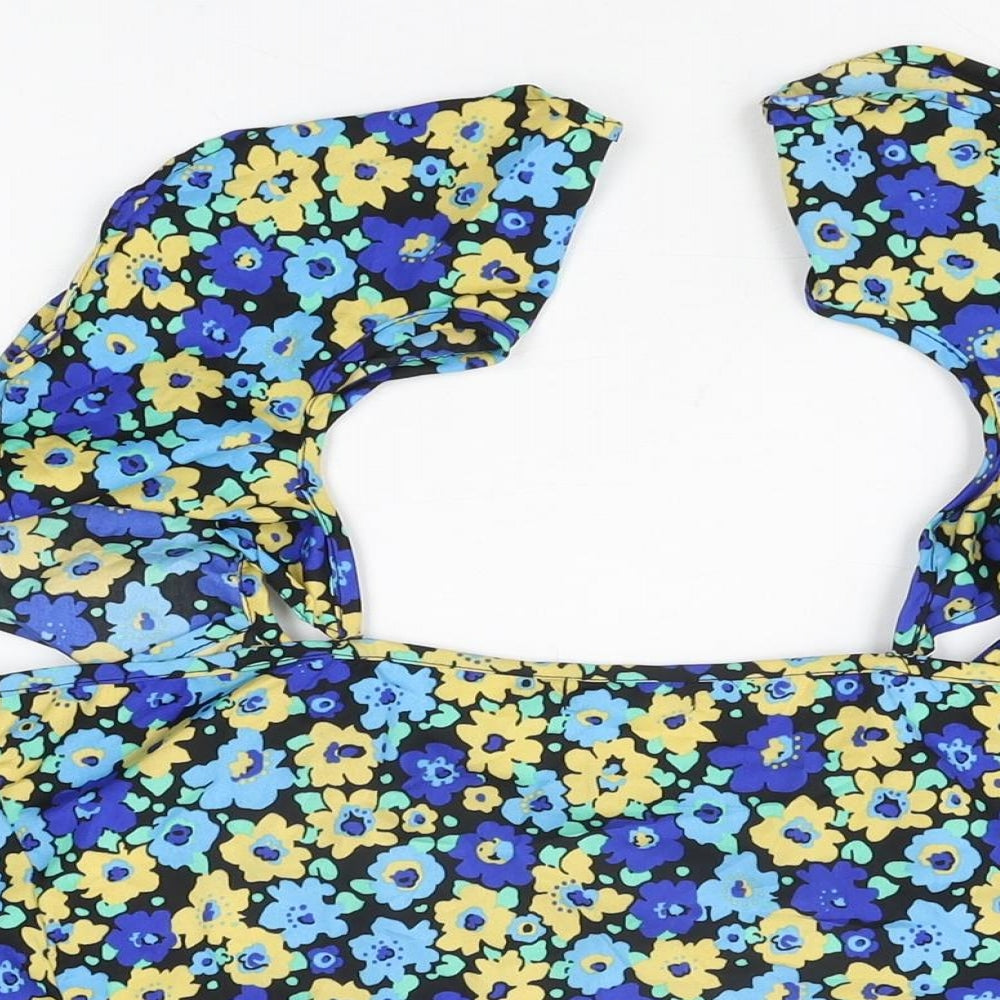 Boohoo Womens Black Floral Polyester Cropped T-Shirt Size 14 V-Neck