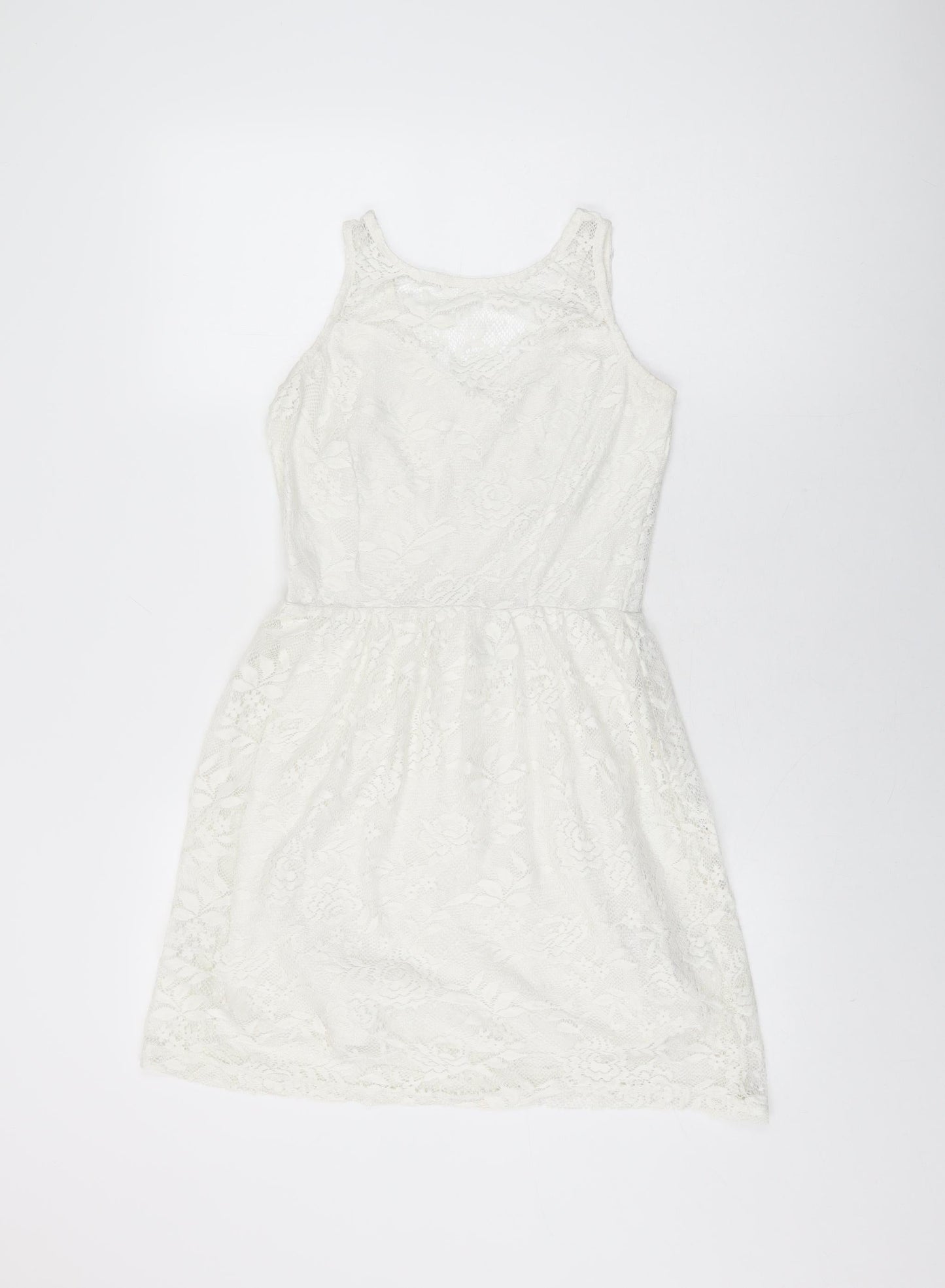 Dorothy Perkins Womens White Floral Polyester Skater Dress Size 8 Round Neck Pullover