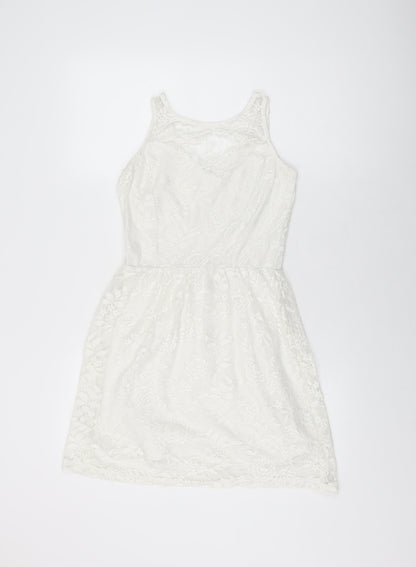 Dorothy Perkins Womens White Floral Polyester Skater Dress Size 8 Round Neck Pullover