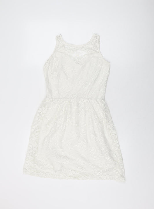 Dorothy Perkins Womens White Floral Polyester Skater Dress Size 8 Round Neck Pullover