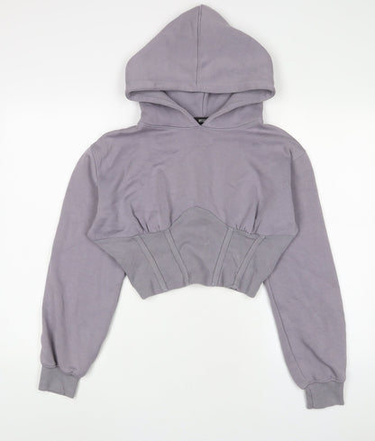 Additional front view of Missguided women’s purple cotton pullover hoodie, size UK 10, pullover