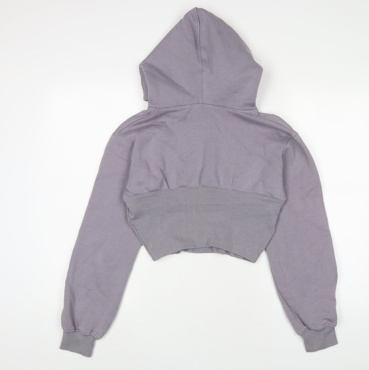 Back view of Missguided women’s purple cotton pullover hoodie, size UK 10, pullover