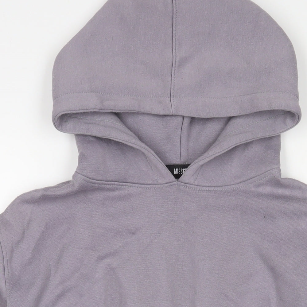 Close-up detail of Missguided women’s purple cotton pullover hoodie, size UK 10, pullover