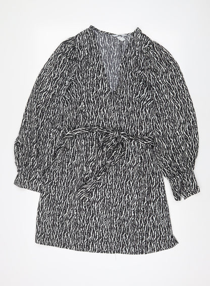 H&M Womens Black Animal Print Polyester A-Line Size M V-Neck Pullover - Belted