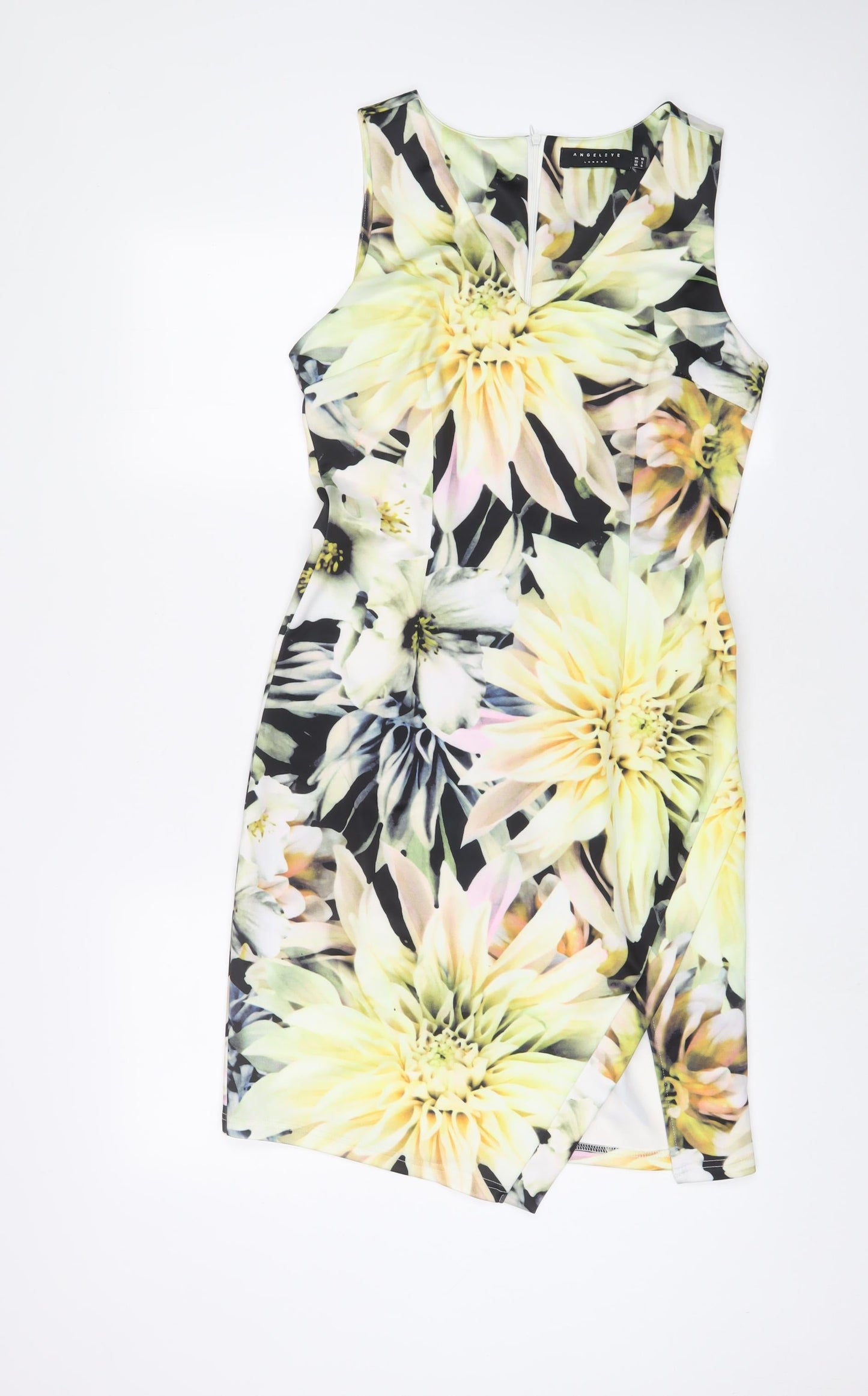 Angeleye Womens Yellow Floral Polyester Sheath Size 10 V-Neck Zip