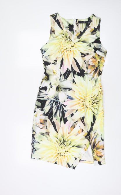Angeleye Womens Yellow Floral Polyester Sheath Size 10 V-Neck Zip