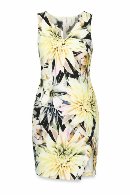 Angeleye Womens Yellow Floral Polyester Sheath Size 10 V-Neck Zip