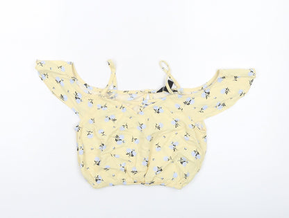 New Look Girls Yellow Floral Viscose Cropped Tank Size 11 Years Round Neck Pullover