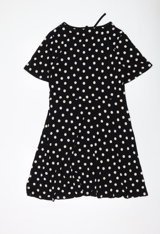Marks and Spencer Womens Black Polka Dot Viscose A-Line Size 12 Round Neck Tie