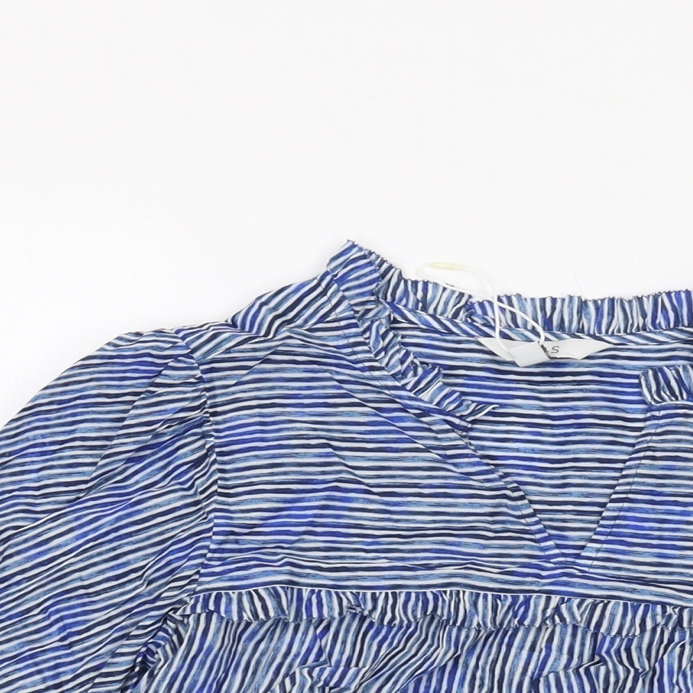 Marks and Spencer Womens Blue Striped Cotton Basic Button-Up Size 6 V-Neck