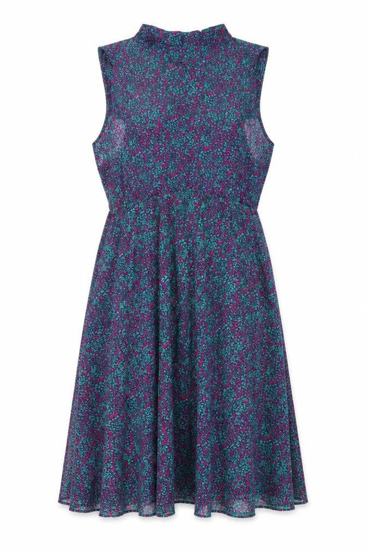 Front view of Izabel women’s multicoloured floral viscose a-line, size UK 14, v-neck tie