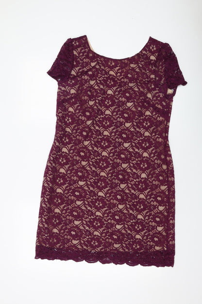 Oasis Womens Red Polyamide Sheath Size 14 V-Neck Zip