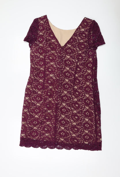 Oasis Womens Red Polyamide Sheath Size 14 V-Neck Zip