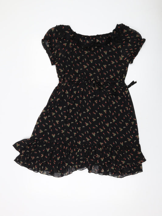 New Look Womens Black Floral Polyester A-Line Size 8 Round Neck Pullover