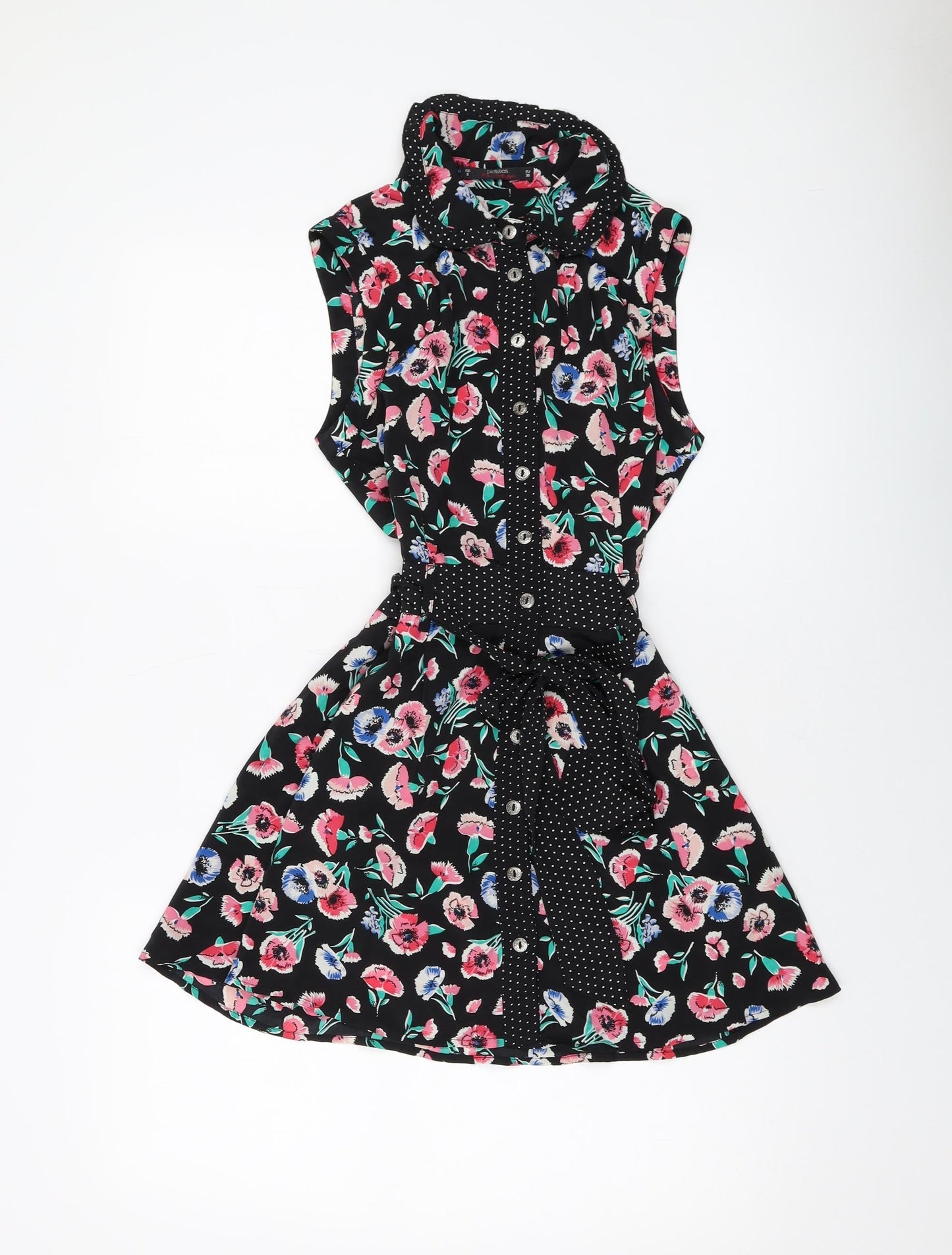 Miss Selfridge Womens Black Floral Polyester A-Line Size 8 Collared Button