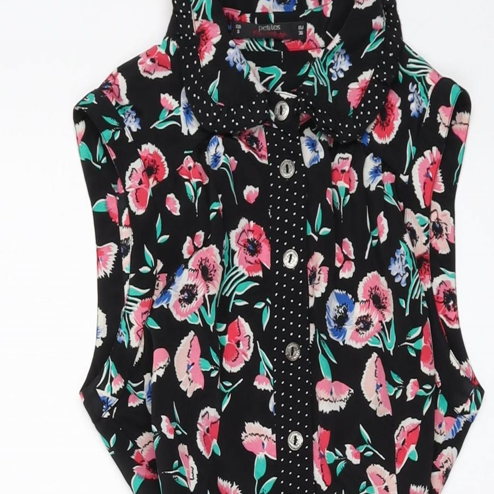 Miss Selfridge Womens Black Floral Polyester A-Line Size 8 Collared Button