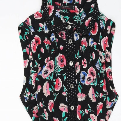 Miss Selfridge Womens Black Floral Polyester A-Line Size 8 Collared Button