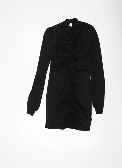 PRETTYLITTLETHING Womens Black Polyester Mini Size 8 Mock Neck Button