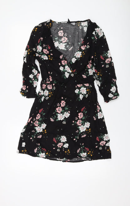 H&M Womens Black Floral Viscose A-Line Size 8 V-Neck Pullover
