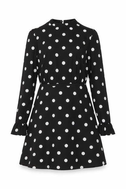 New Look Womens Black Polka Dot Polyester A-Line Size 6 Mock Neck Button