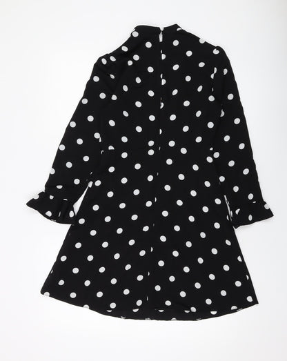 New Look Womens Black Polka Dot Polyester A-Line Size 6 Mock Neck Button