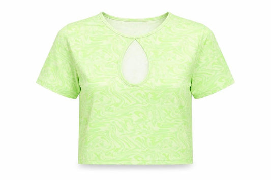 Front view of ASOS women’s green geometric polyester cropped t-shirt, size UK 14, round neck