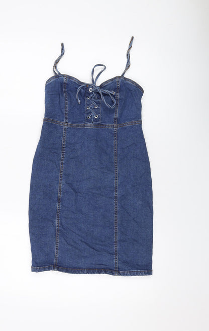 Denim & Co. Womens Blue Cotton Mini Size 8 Sweetheart Zip