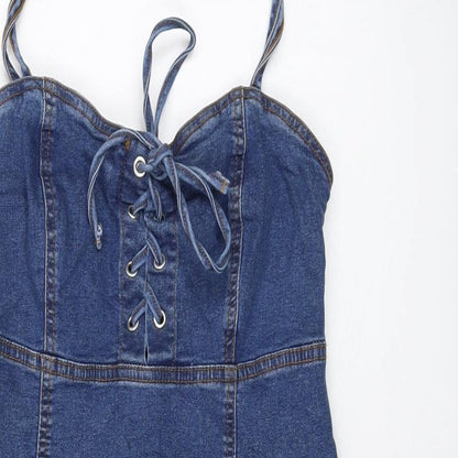 Denim & Co. Womens Blue Cotton Mini Size 8 Sweetheart Zip