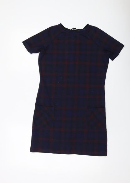 New Look Womens Blue Plaid Polyester A-Line Size 8 Round Neck Pullover