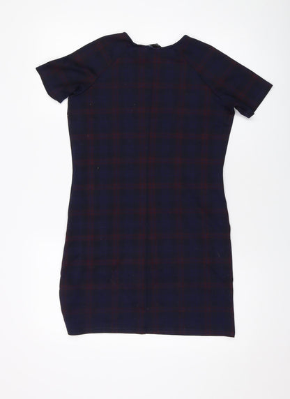 New Look Womens Blue Plaid Polyester A-Line Size 8 Round Neck Pullover