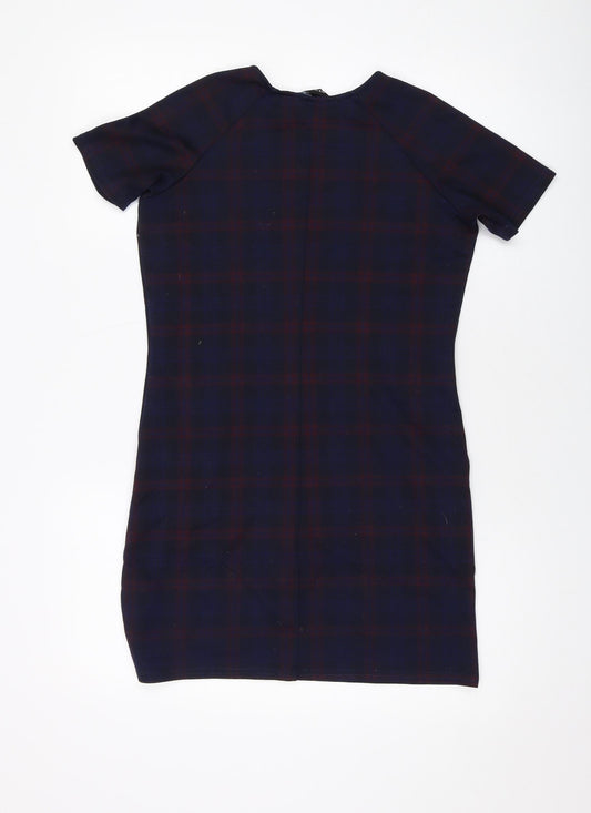 New Look Womens Blue Plaid Polyester A-Line Size 8 Round Neck Pullover
