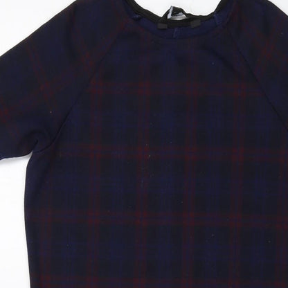 New Look Womens Blue Plaid Polyester A-Line Size 8 Round Neck Pullover
