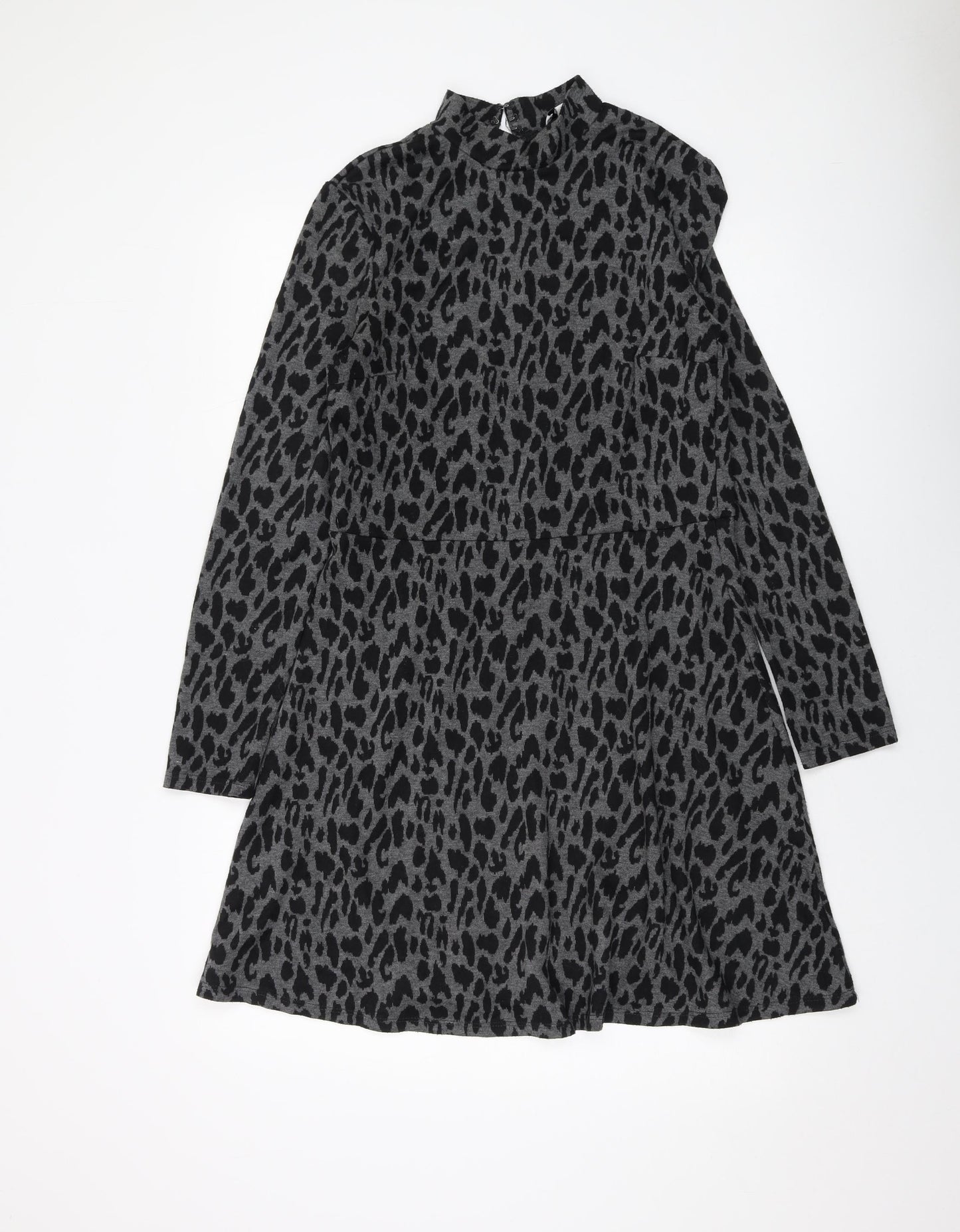 Warehouse Womens Grey Animal Print Polyester A-Line Size 12 Mock Neck Button