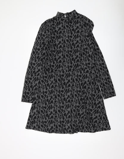 Warehouse Womens Grey Animal Print Polyester A-Line Size 12 Mock Neck Button