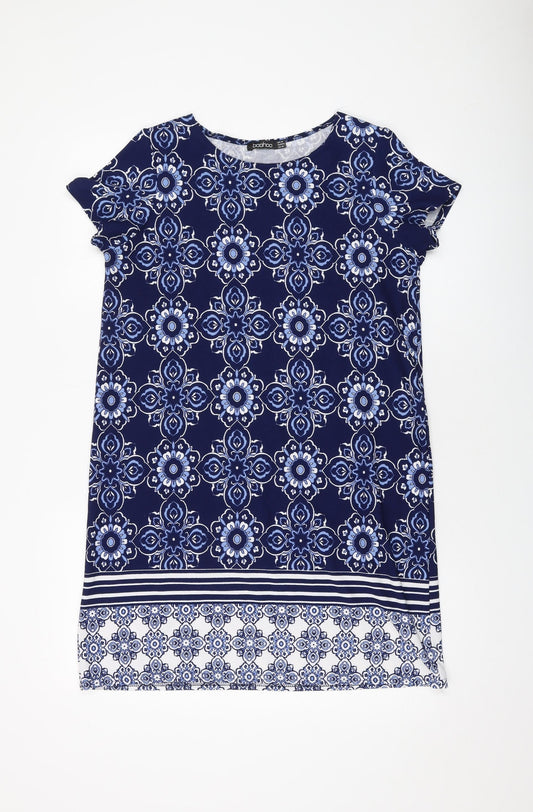 Boohoo Womens Blue Geometric Polyester A-Line Size 14 Round Neck Pullover