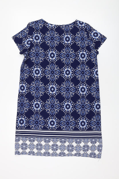 Boohoo Womens Blue Geometric Polyester A-Line Size 14 Round Neck Pullover