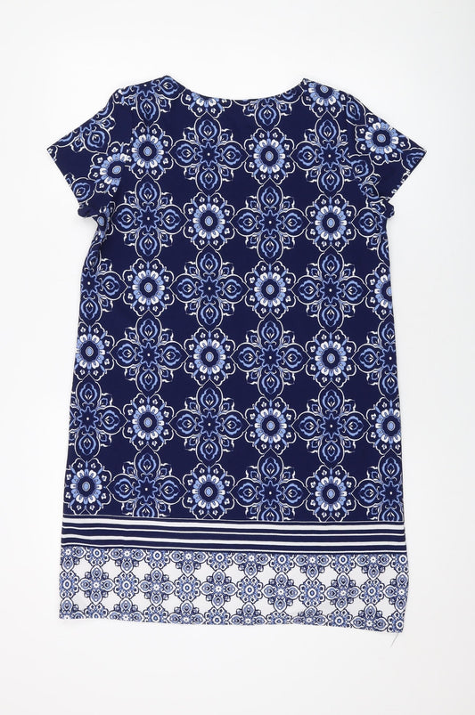 Boohoo Womens Blue Geometric Polyester A-Line Size 14 Round Neck Pullover