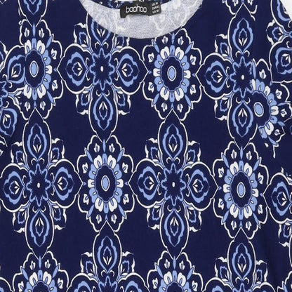 Boohoo Womens Blue Geometric Polyester A-Line Size 14 Round Neck Pullover