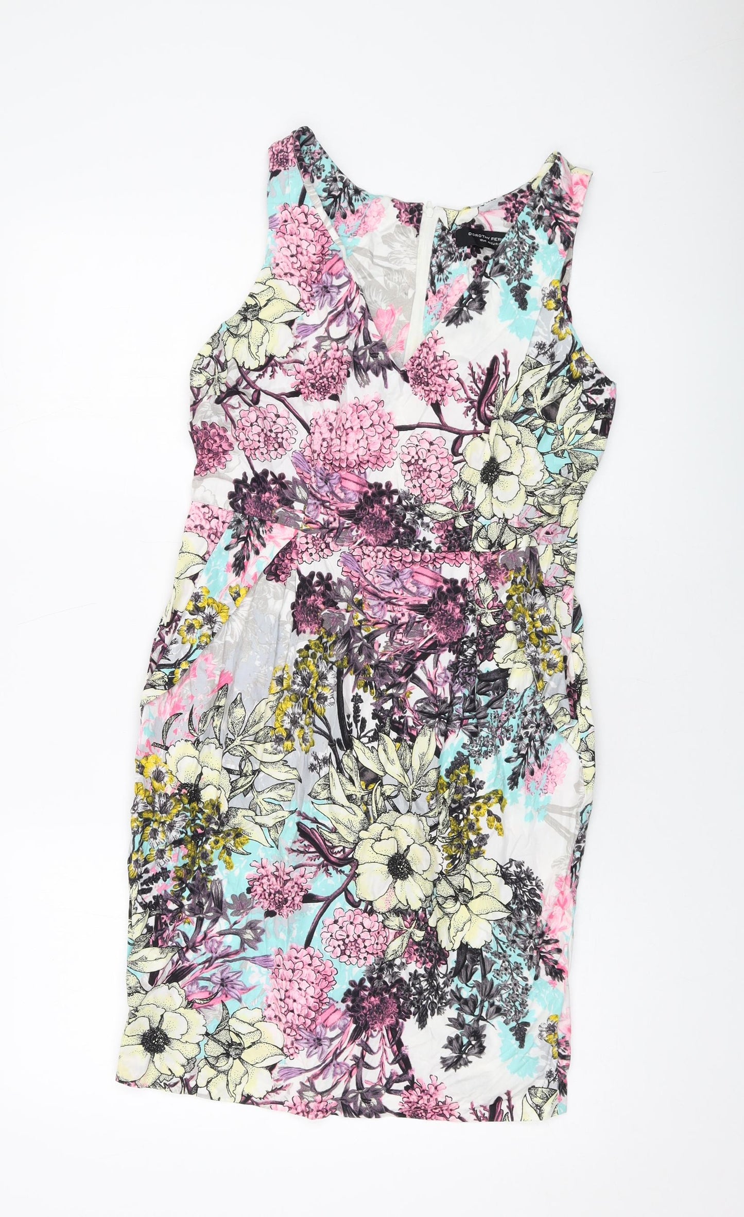 Dorothy Perkins Womens Multicoloured Floral Cotton Sheath Size 12 V-Neck Zip
