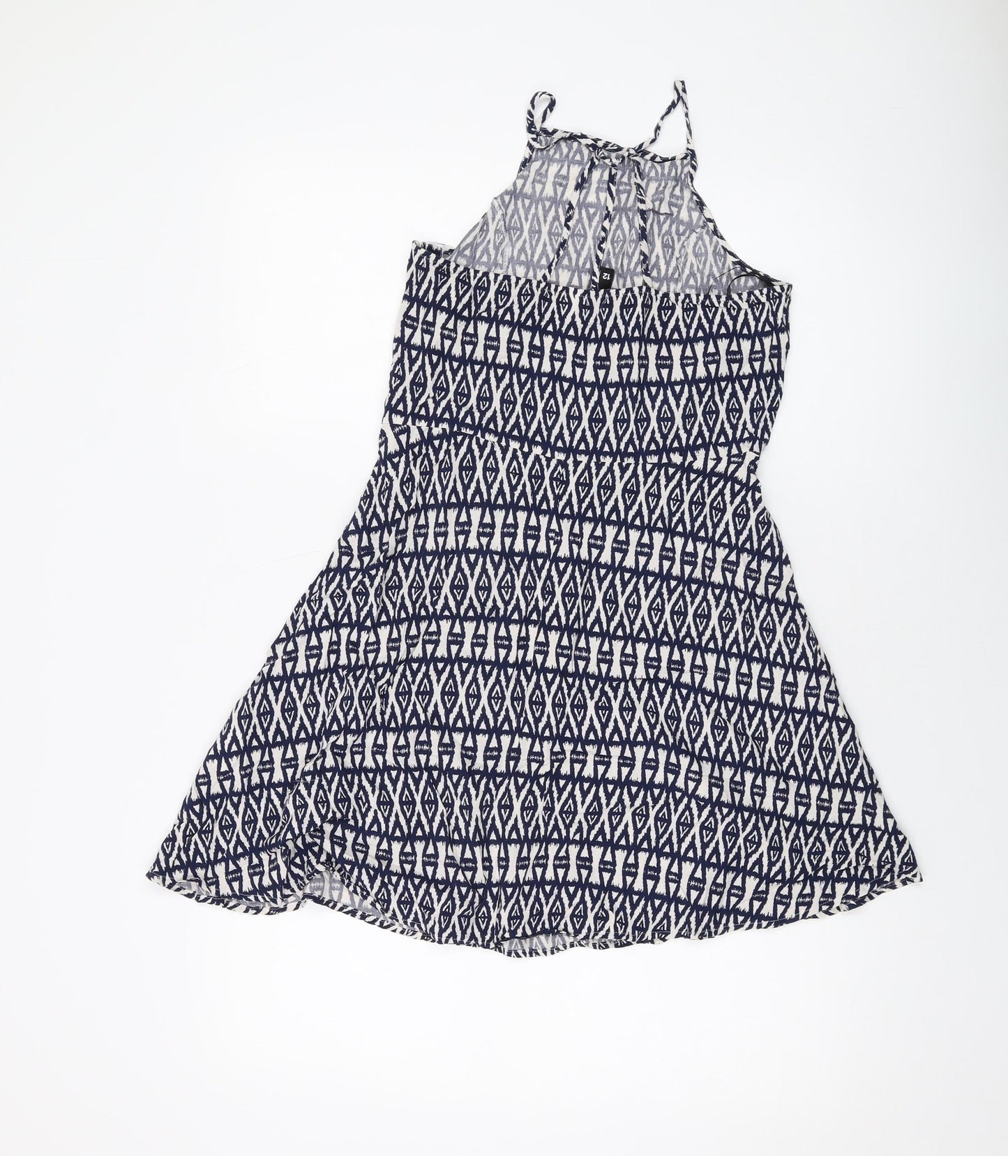H&M Womens Black Geometric Viscose Skater Dress Size 12 Square Neck Zip