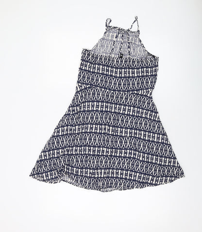 H&M Womens Black Geometric Viscose Skater Dress Size 12 Square Neck Zip