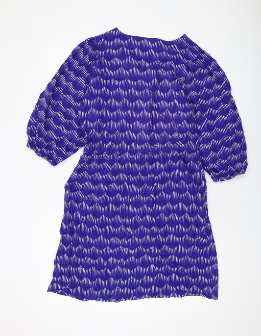 NEXT Womens Blue Geometric Viscose A-Line Size 12 V-Neck Tie