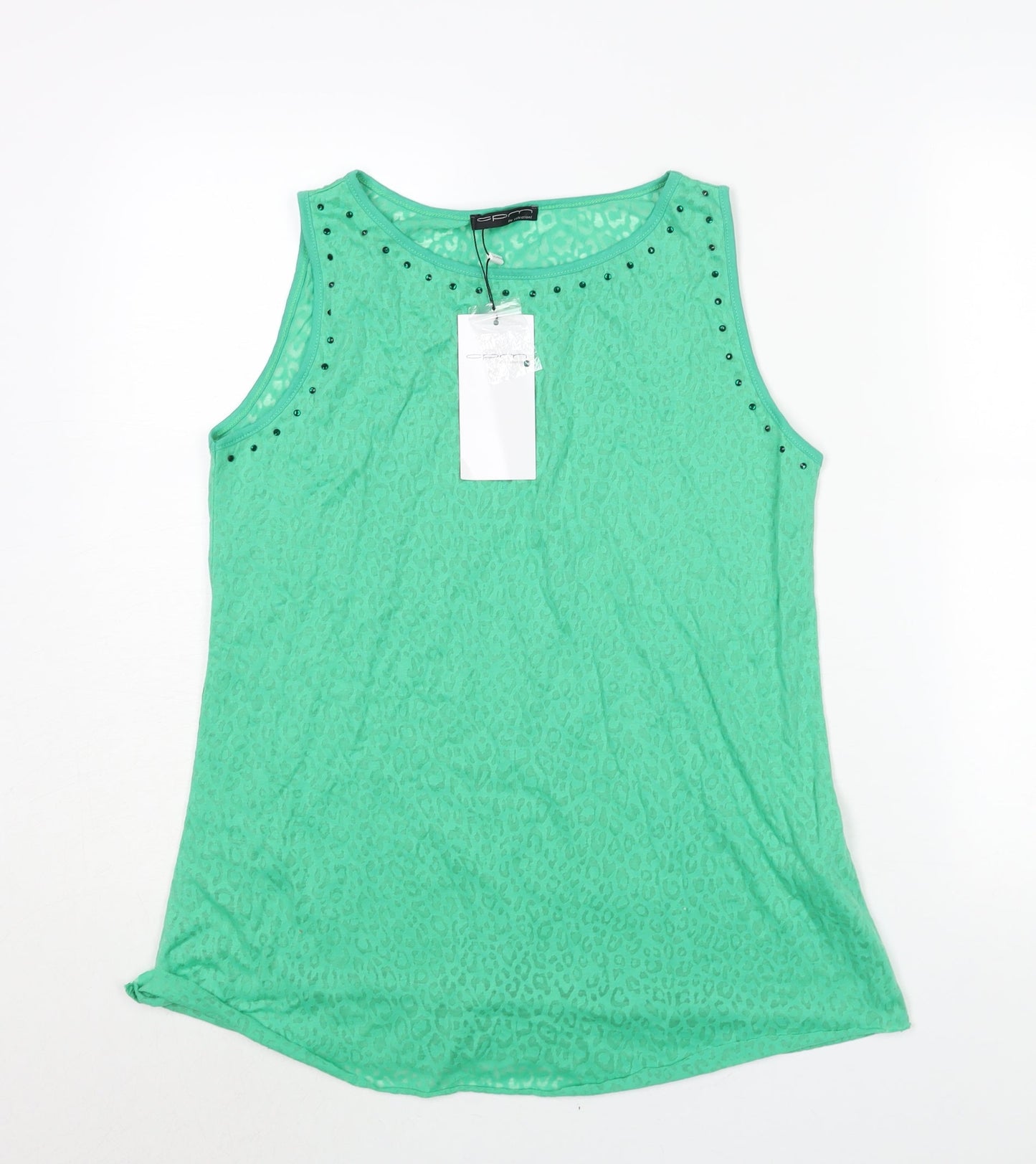 CPM Womens Green Animal Print Cotton Camisole Blouse Size 14 Round Neck - Rhinestone Detail Semi Sheer Leopard