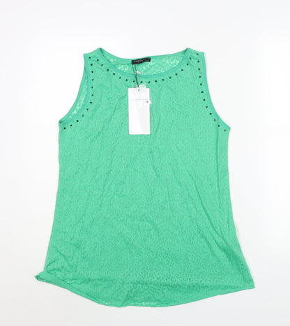 CPM Womens Green Animal Print Cotton Camisole Blouse Size 14 Round Neck - Rhinestone Detail Semi Sheer Leopard