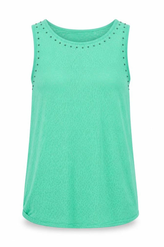 CPM Womens Green Animal Print Cotton Camisole Blouse Size 14 Round Neck - Rhinestone Detail Semi Sheer Leopard