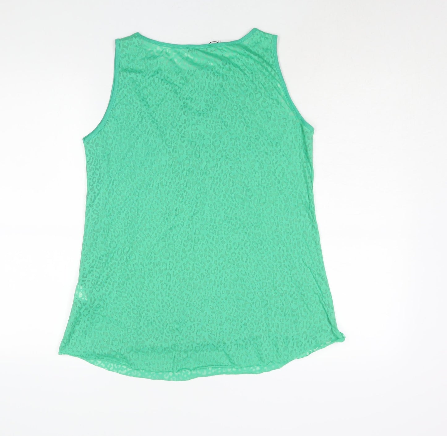 CPM Womens Green Animal Print Cotton Camisole Blouse Size 14 Round Neck - Rhinestone Detail Semi Sheer Leopard