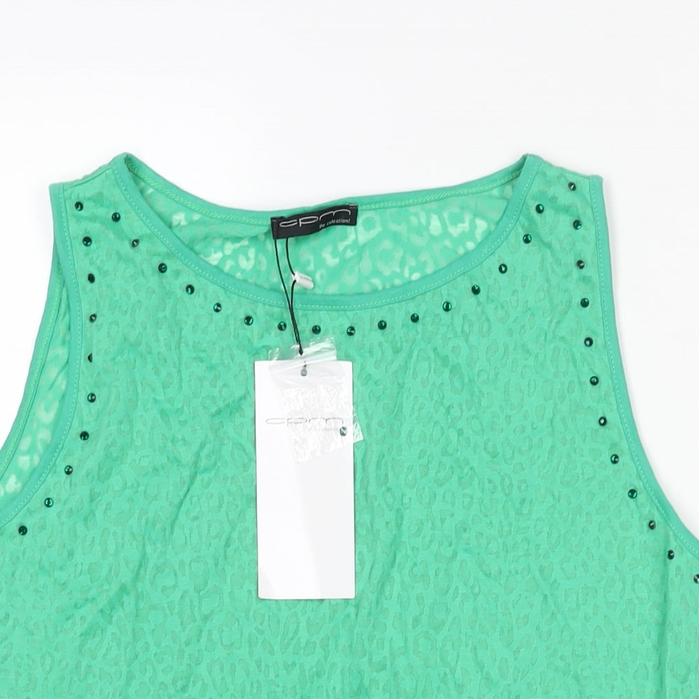 CPM Womens Green Animal Print Cotton Camisole Blouse Size 14 Round Neck - Rhinestone Detail Semi Sheer Leopard