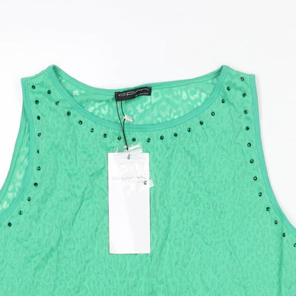 CPM Womens Green Animal Print Cotton Camisole Blouse Size 14 Round Neck - Rhinestone Detail Semi Sheer Leopard